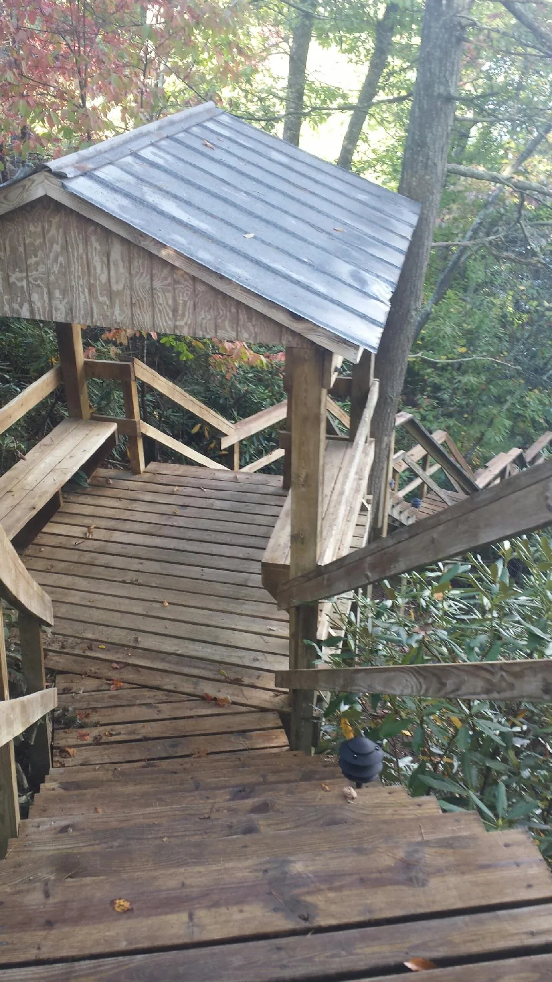 Metal roofed shelter over wooden steps on a wooded walkway — Skylight Repair & Installation work by our crew in Arley